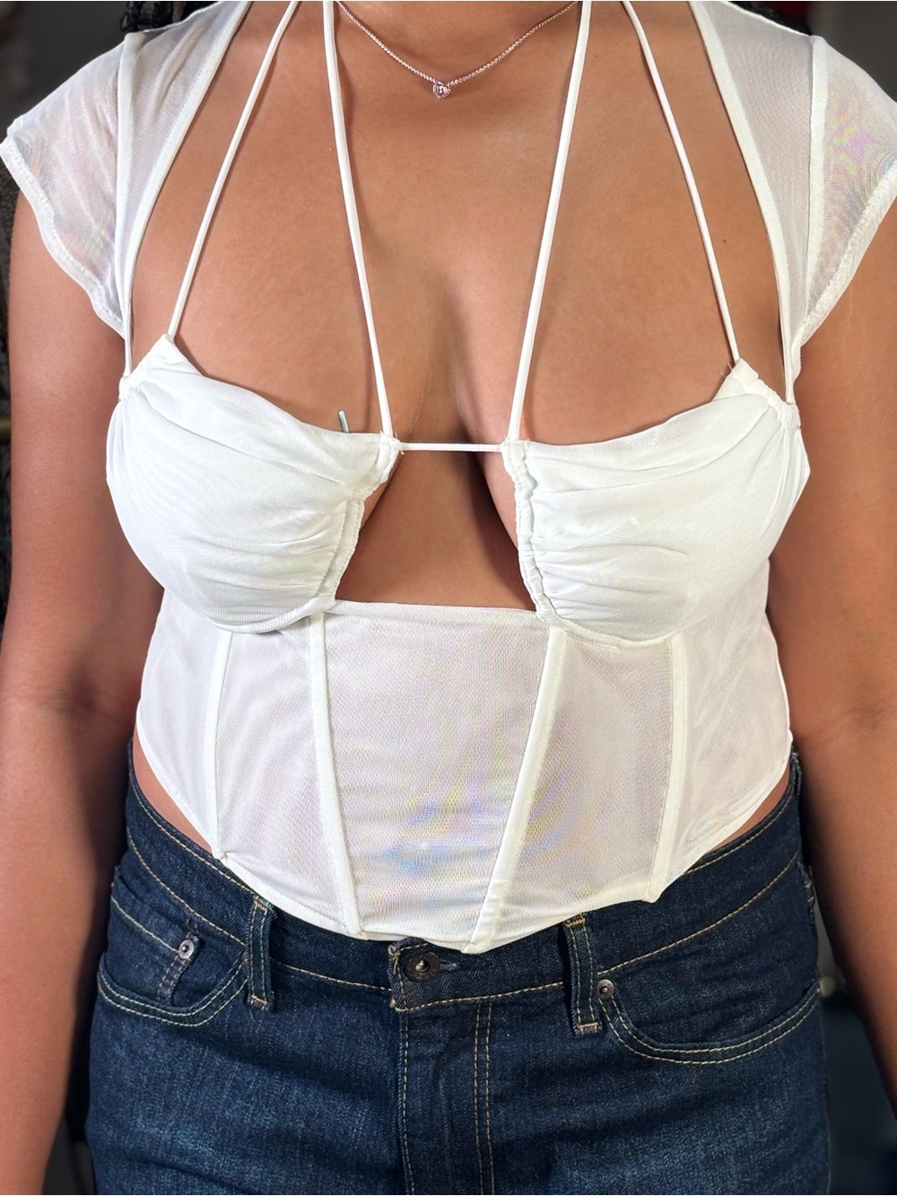 Fashion Nova White Mesh Bustier Crop Top with Strappy Detail
